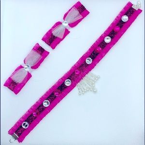 Dog Gemstone And Pearls Necklace With Matching Hair Bows